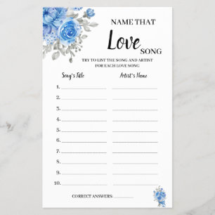 Name that Love Song Blue Flowers Shower Game Card Flyer