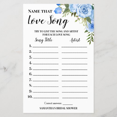 Name that Love Song Bridal Shower Blue Game Card Flyer