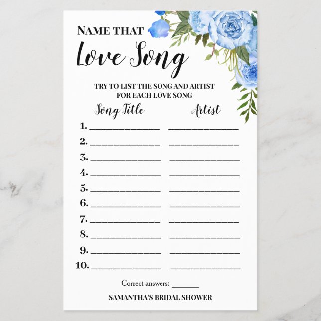 Name that Love Song Bridal Shower Blue Game Card Flyer (Front)
