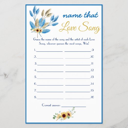 Name that Love Song Bridal Shower Game Card Flyer