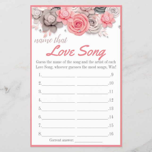 Name that Love Song Bridal Shower Game Card Flyer (Front)