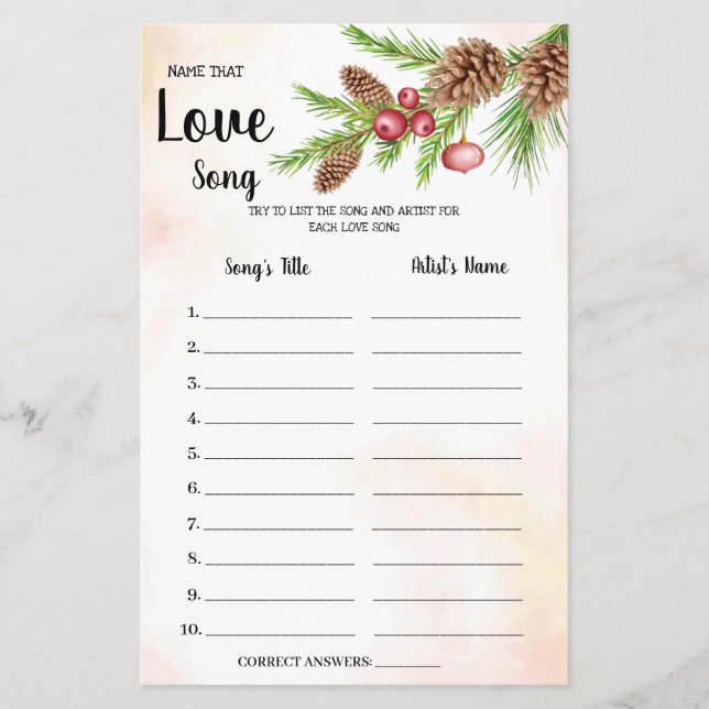 Name that Love Song Bridal Shower Game Card Flyer (Front)