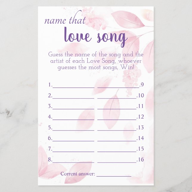 Name that Love Song Bridal Shower Game Card Flyer (Front)