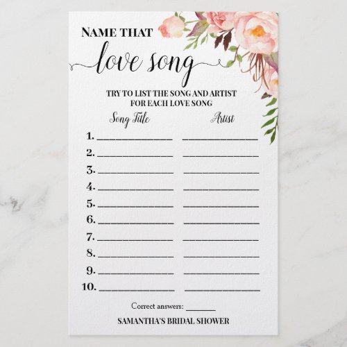 Name that Love Song Bridal Shower Pink Game Card Flyer