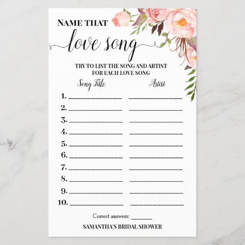 Name that Love Song Bridal Shower Pink Game Card Flyer