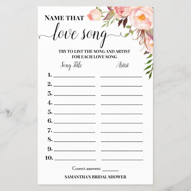 Name that Love Song Bridal Shower Pink Game Card Flyer (Front)