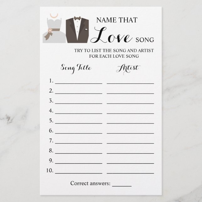 Name that Love Song Bride & Groom Game Card Flyer (Front)