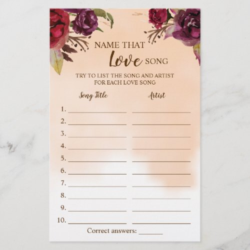 Name that Love Song Burgundy Flowers Game Card Flyer