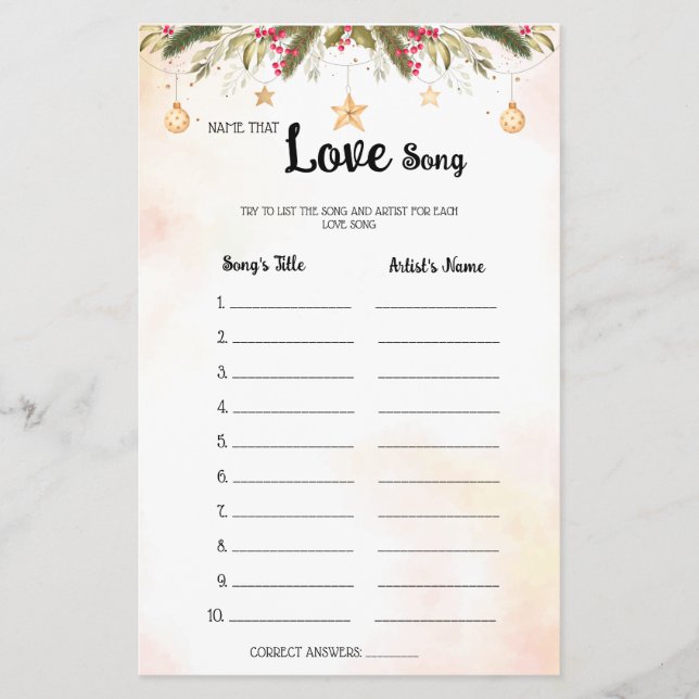 Name that Love Song Christmas Bridal Shower Game Flyer (Front)