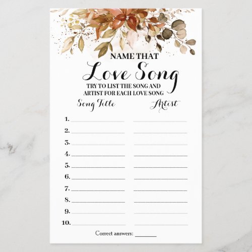 Name that Love Song Fall Eucalyptus Shower Game Flyer