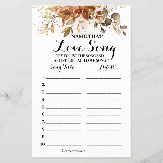 Name that Love Song Fall Eucalyptus Shower Game Flyer (Front)