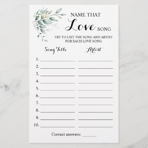 Name that Love Song Greenery Eucalyptus Game Card Flyer