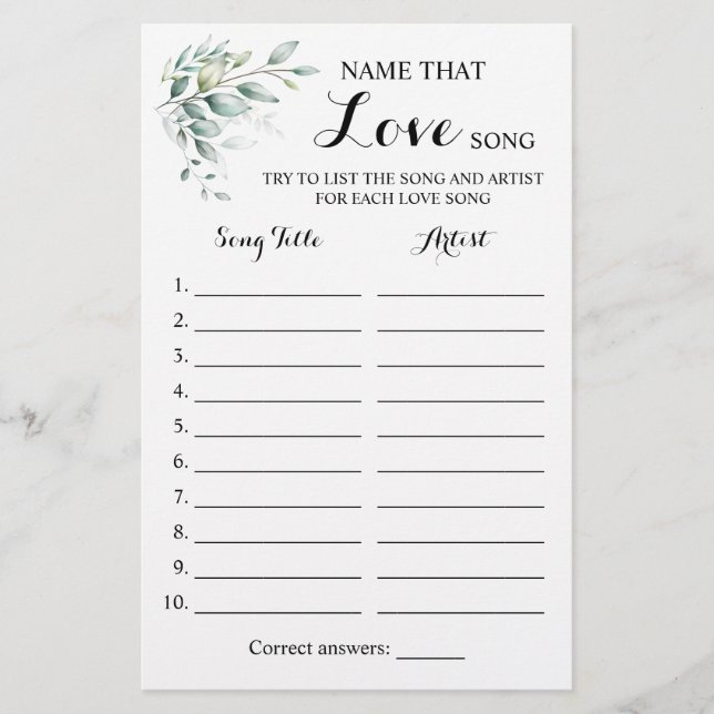 Name that Love Song Greenery Eucalyptus Game Card Flyer (Front)