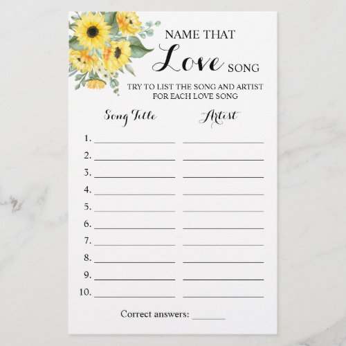 Name that Love Song Greenery Sunflower Game Card Flyer