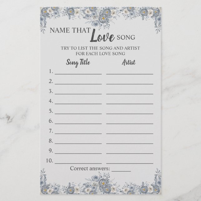 Name that Love Song Grey Floral Game Card Flyer (Front)