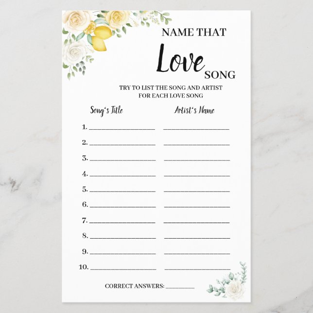 Name that Love Song Lemons&Roses Shower Game Card Flyer (Front)