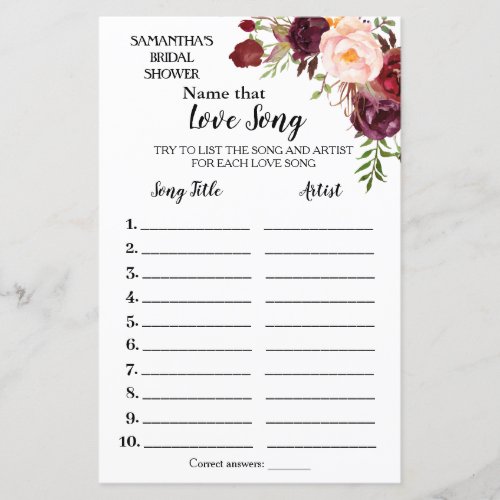 Name that Love Song Marsala Bridal Shower Game