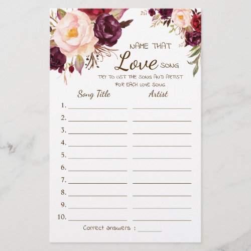 Name that Love Song Marsala Flowers Game Card Flyer