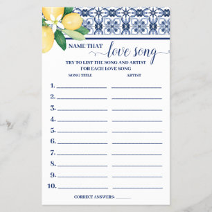 Name that Love Song Mediterranean Shower Game Card Flyer