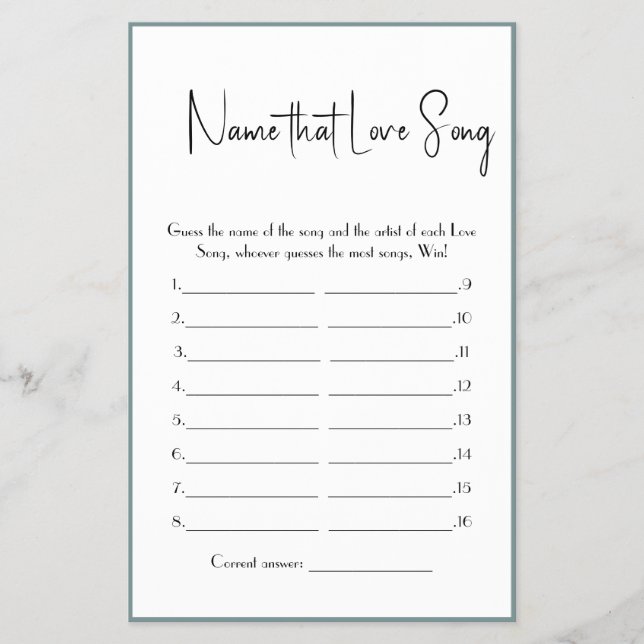 Name that Love Song Shower Game Flyer (Front)