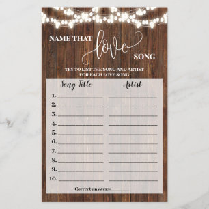 Name that Love Song Shower Western Game Card Flyer