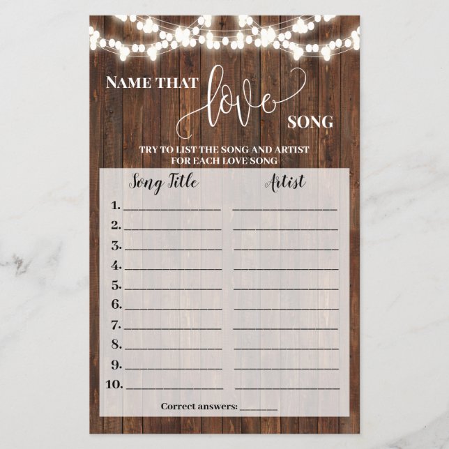 Name that Love Song Shower Western Game Card Flyer (Front)