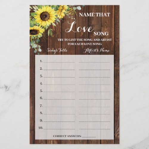Name that Love Song Sunflowers Shower Game Card Flyer