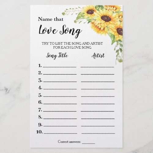 Name that Love Song Sunflowers Shower game card Flyer