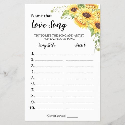 Name that Love Song Sunflowers Shower game card Flyer