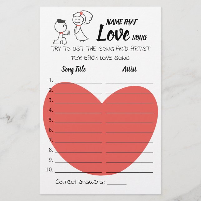 Name that Love Song Wedding Couple Game Card Flyer (Front)