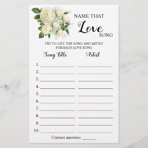 Name that Love Song White Roses Game Card Flyer