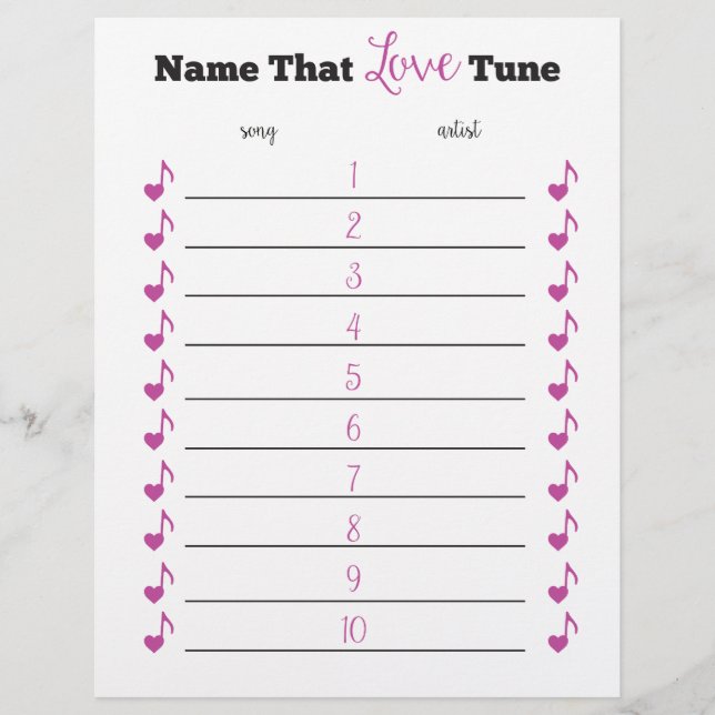 Name that LOVE tune party game (Front)