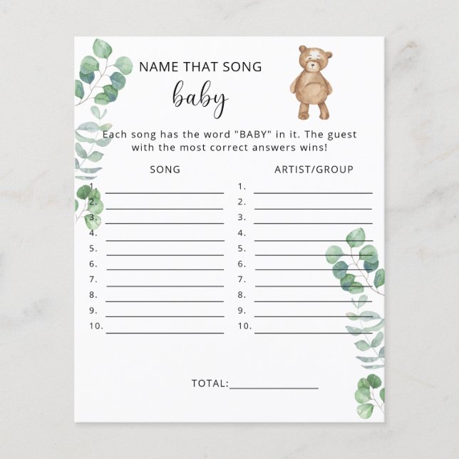 Name that song Bear baby shower game (Front)