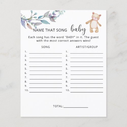 Name that song Bear baby shower game