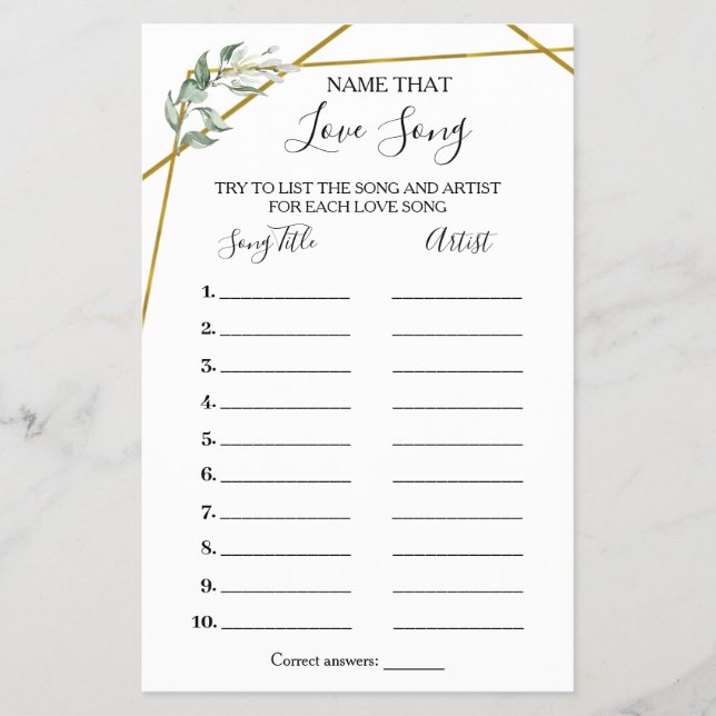 Name that Song Shower Greenery Gold game Card Flyer (Front)