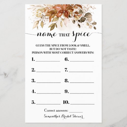 Name that Spice Autumn Bridal Shower Game Card Flyer