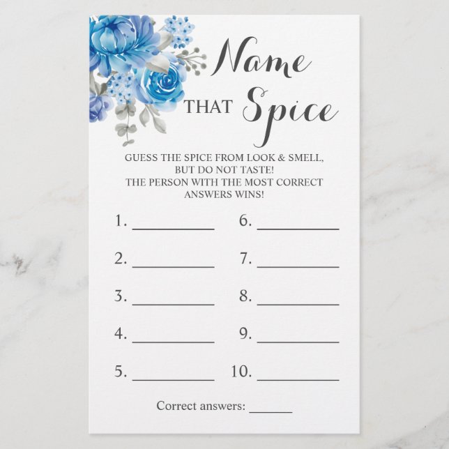 Name that Spice Blue Flower Game Card Flyer (Front)