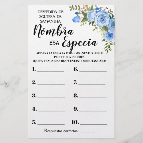 Name that Spice Bridal Shower Bilingual game card Flyer