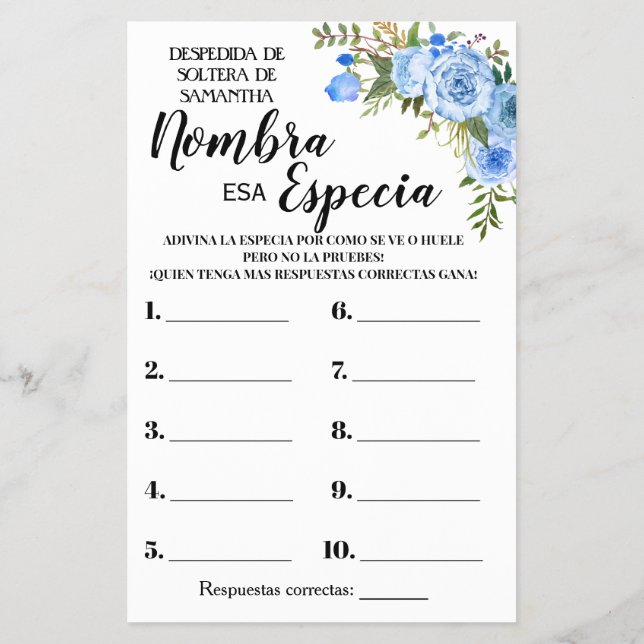 Name that Spice Bridal Shower Bilingual game card Flyer (Back)