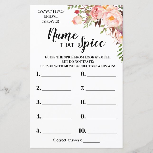 Name that Spice bridal shower english spanish game (Front)
