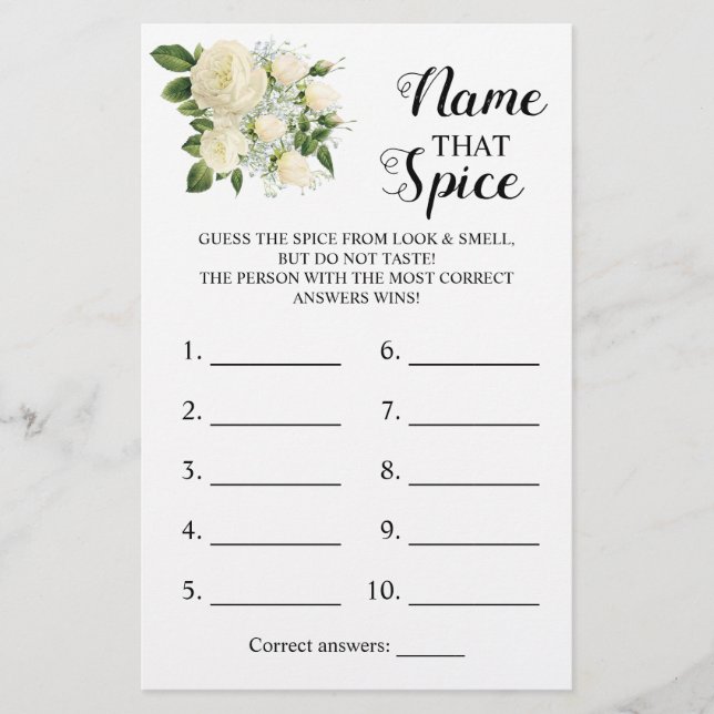 Name that Spice Bridal Shower Game Card Flyer (Front)