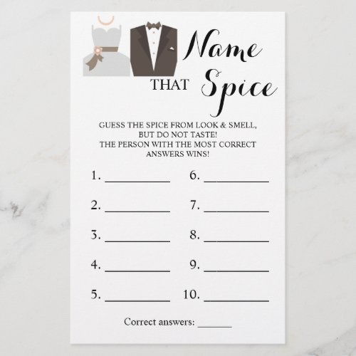 Name that Spice Bride  Groom Game Card Flyer