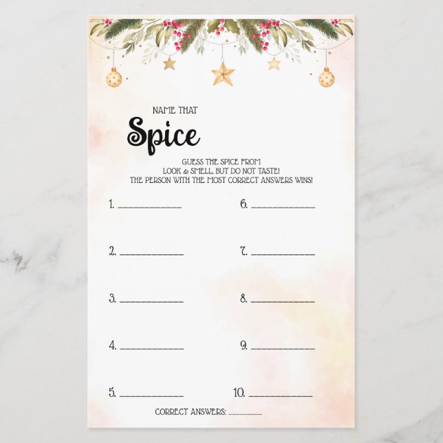 Name that Spice Christmas Bridal Shower Game Card  Flyer (Front)
