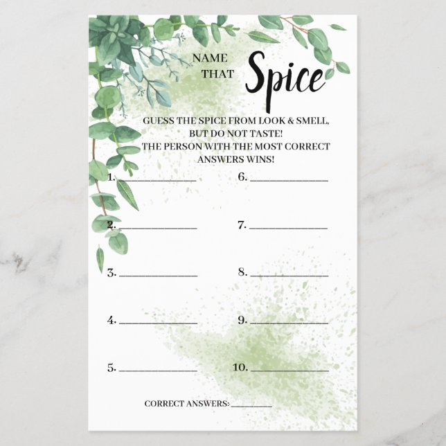 Name that Spice Eucalyptus Bridal Shower Game Card Flyer (Front)
