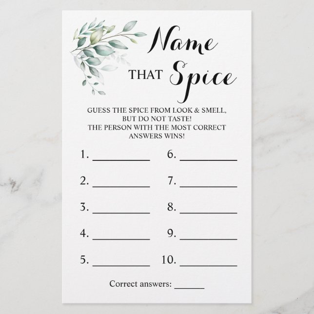 Name that Spice Greenery Eucalyptus Game Card Flyer (Front)