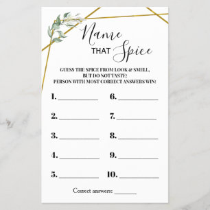 Name that Spice Greenery Gold Shower game card Flyer