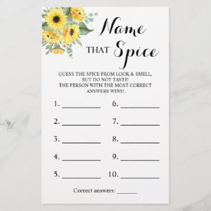 Name that Spice Greenery Sunflower Game Card Flyer