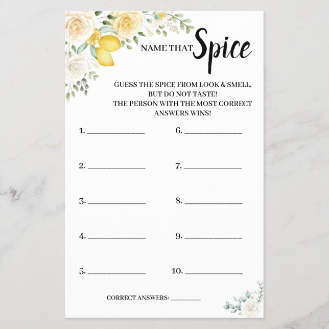 Name that Spice Lemon&Roses BridalShower Game Card Flyer (Front)