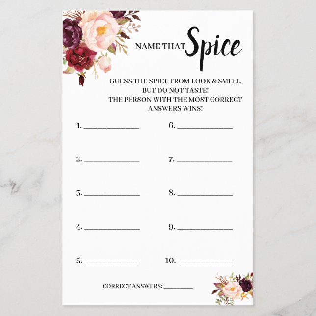 Name that Spice Marsala Bridal Shower Game Card Flyer (Front)