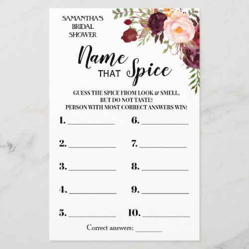 Name that Spice Marsala Flowers Bridal Shower Game